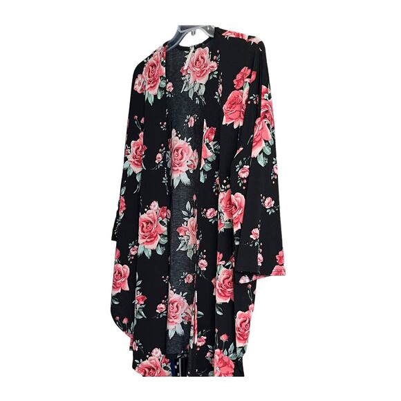 LIME N CHILI OPEN-FRONT CASCADING COVER-UP, WOMENS, M, BLACK W/PINK & GREEN ROSE - Picture 3 of 9